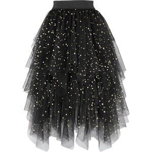 Tulle Sequin BlackSkirts for Women High Waist Elastic Midi Skirt Mesh Tutu Skirt